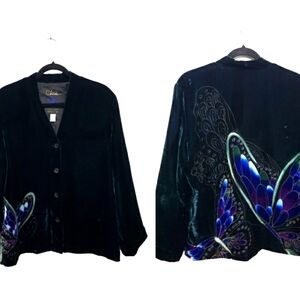 Vtg Chico's Blue Green Jade Velvet  Butterfly Anniversary Jacket, Size 1